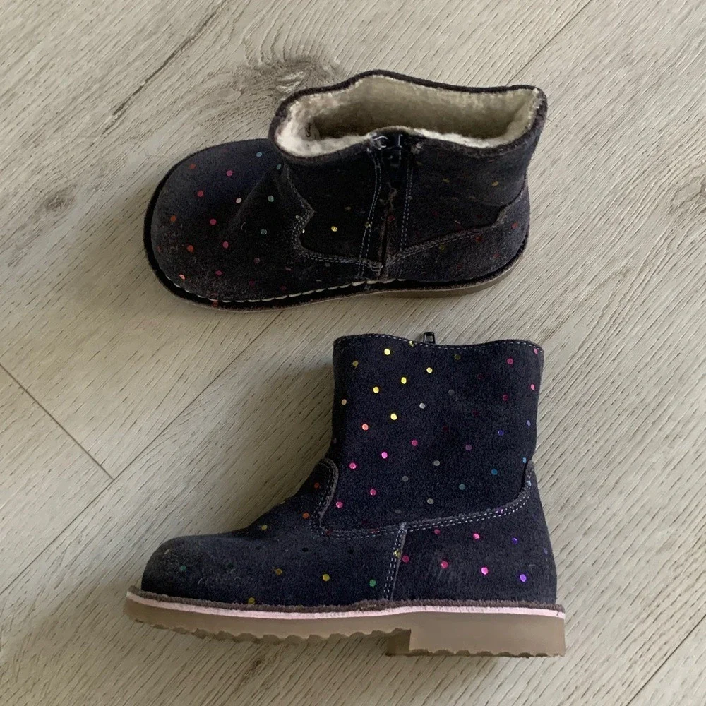 Mini Boden Kids' Navy and Gold Polka Dot Boots Sz 24 suede sparkly‎ girls winter